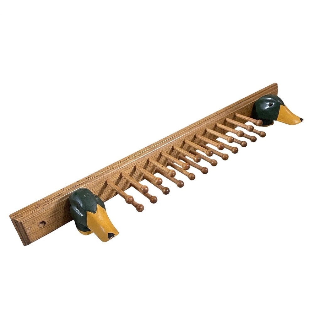 Vtg 50s Drake Mallard Duck Wooden Tie Rack 24 Pegs Handmade Cabin Hunting Rustic